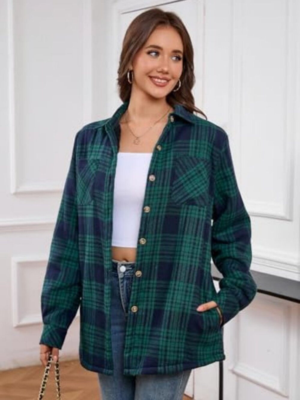 Cozy Sherpa Lined Flannel Shirt Jacket | Women's Plaid Button Down Outerwear - Picture 2 of 7